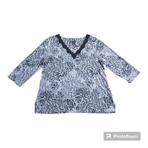 Covington Animal Print Lace V-Neck Shirt - 3/4 Sleeve Cotton Blend - Size Large